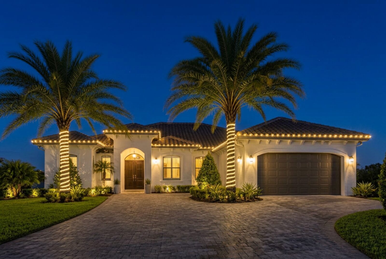 After: the same home at night with warm white roofline lighting and wrapped palms