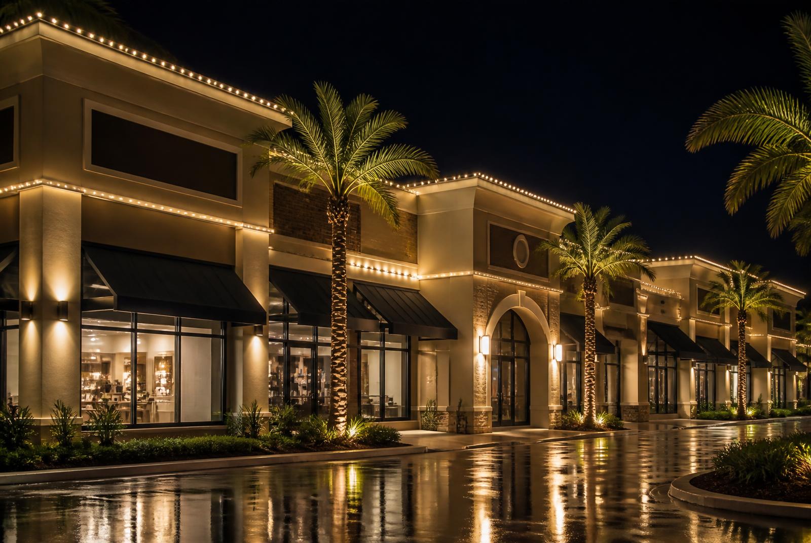 Retail plaza facade outlined in warm white holiday lights at night with lit palms