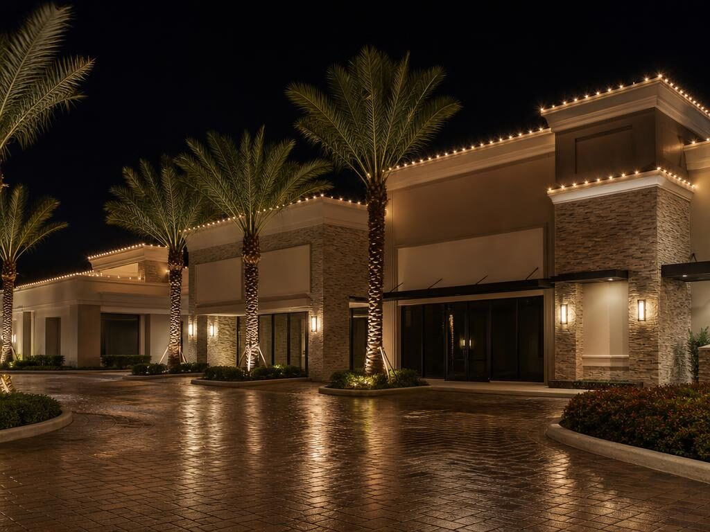 Modern South Florida retail building at night with warm white holiday lights along the roofline and uplit palms, storefront signage areas blank
