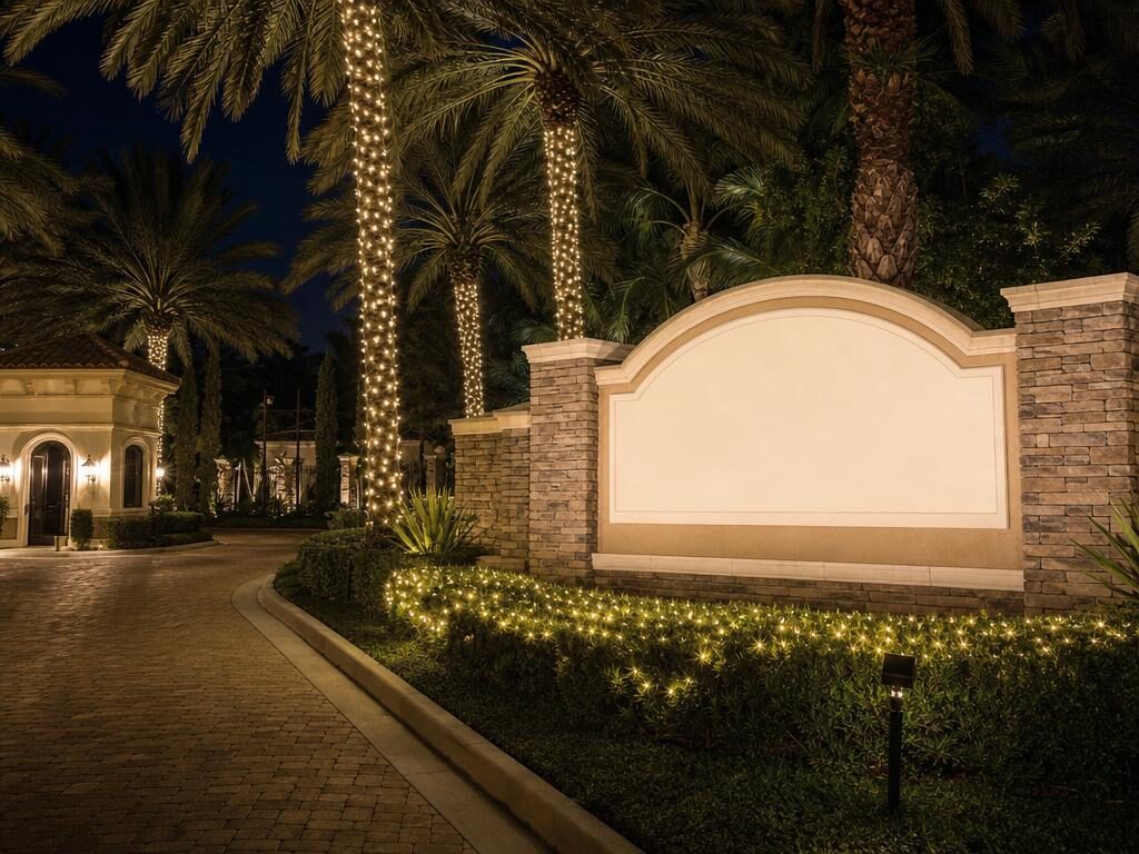 Gated community entrance at night with a blank stone monument wall, warm white lit hedges and neatly wrapped palm trunks