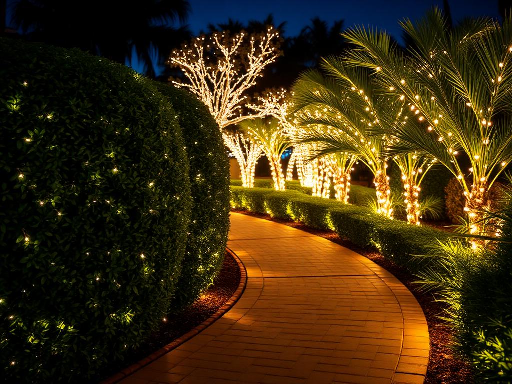 Hedges and a paver walkway lit with warm holiday lighting