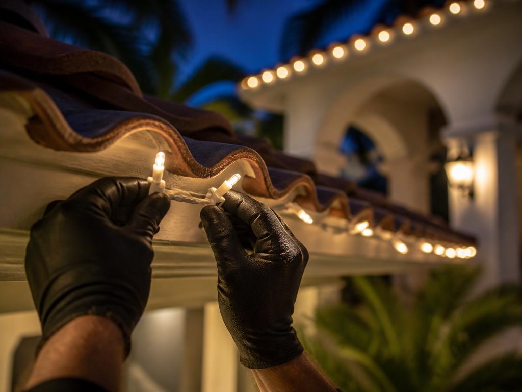 Installer's gloved hands clipping a warm white light strand to the edge of a tile roof at night