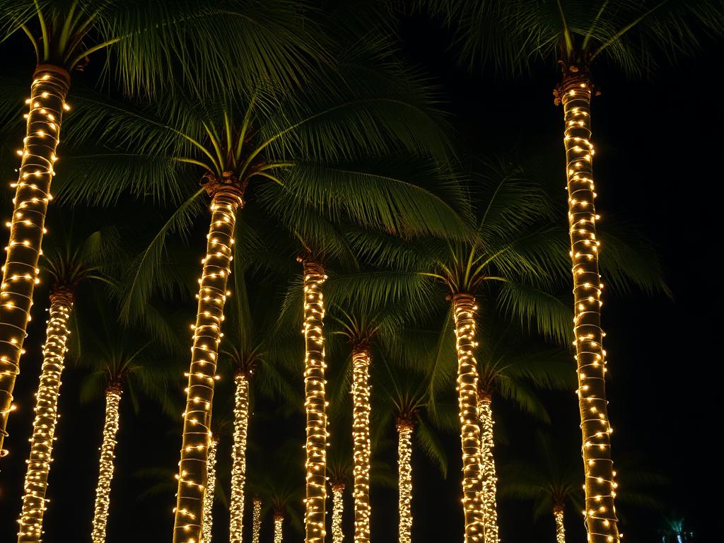 Palm trunks wrapped in warm white holiday string lights at night