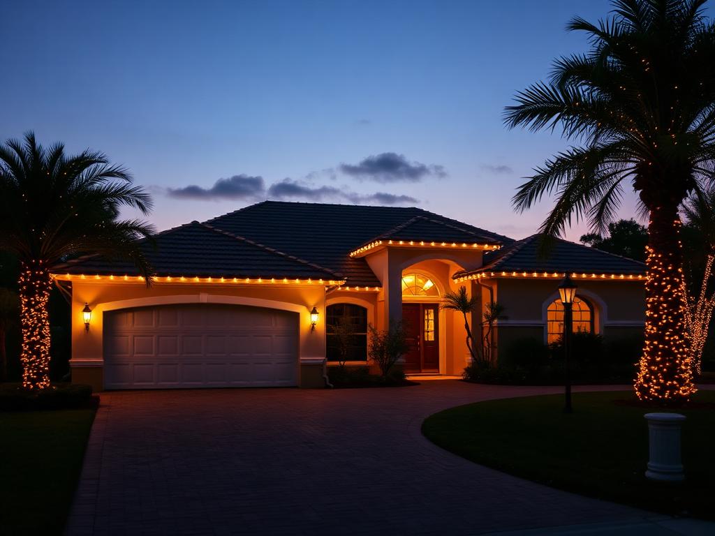 Florida home at dusk with warm white holiday lights along the roofline and wrapped palms