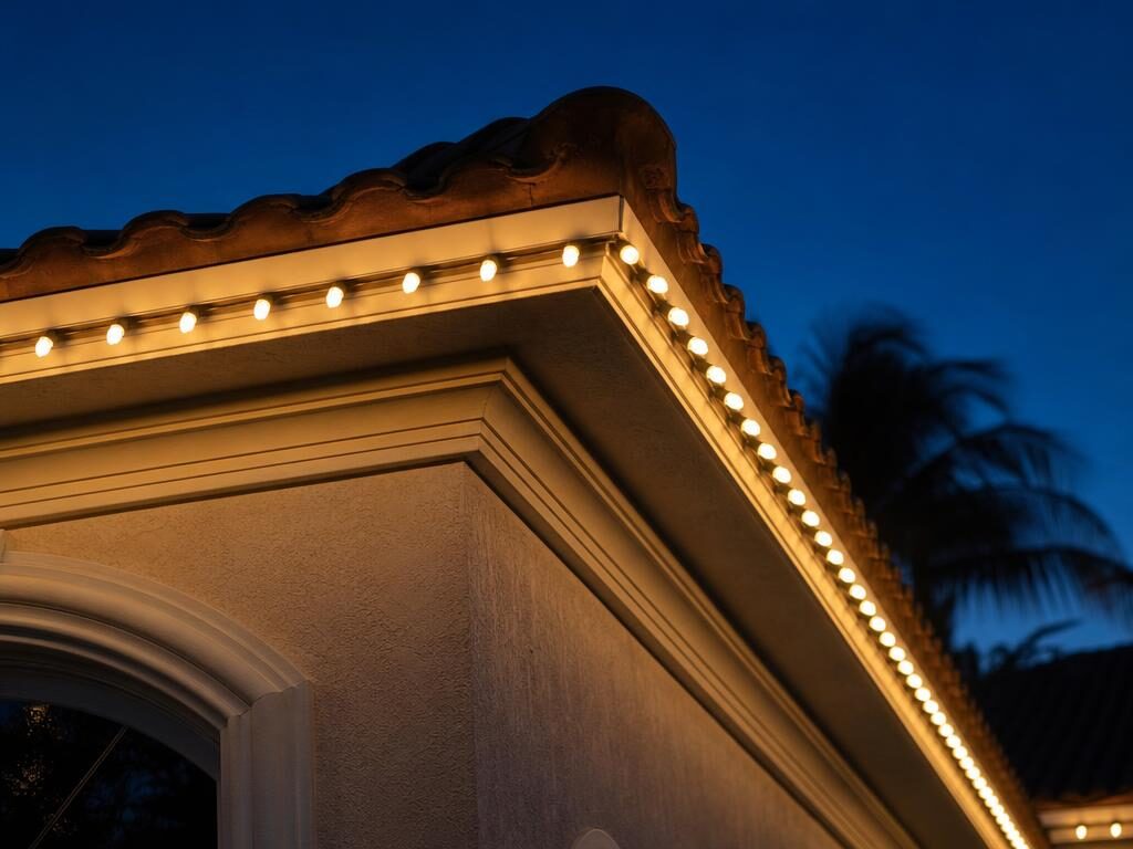 Warm white holiday lights outlining the roofline and entry of a South Florida home at night