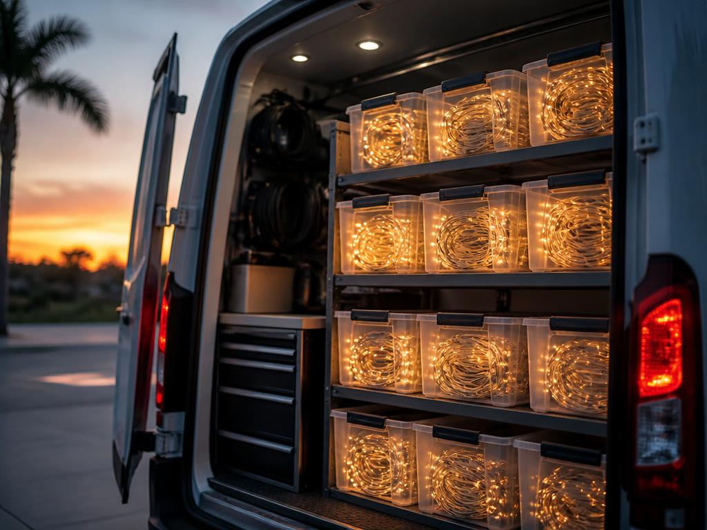 Holiday light strands coiled neatly in clear storage bins inside a service van at dusk